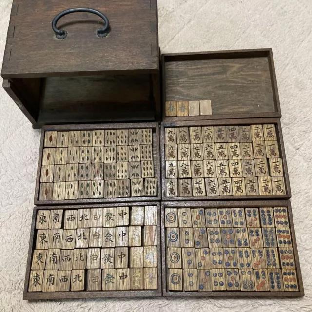 Vintage dark Wood Wooden Unusual Mahjong Mah Jongg tile set in box. Collectible.