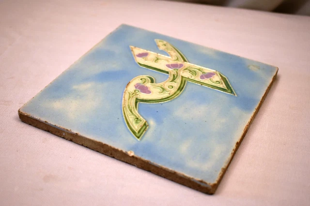 Antique Ceramic Tile Majolica Art Nouveau Floral "Re" Of Hare Krishna Gwalior"35 3