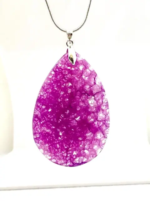 Natural Purple Onyx Druzy Geode Agate Pendant Necklace w/Sterling Silver Chain