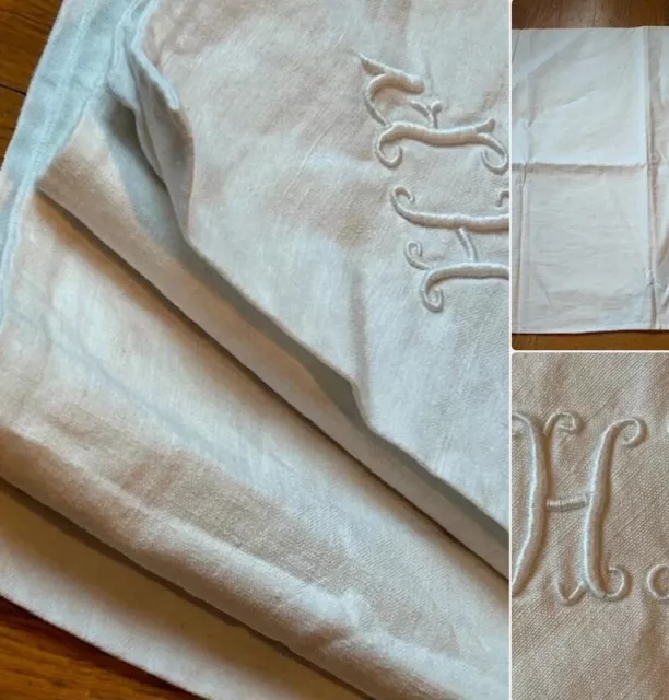 Monogramme Hf Tissu De Famille  Textile Ancien En Coton Housse Enveloppe Brodée