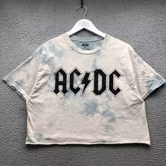 AC DC Music Cropped T-Shirt Women's M/L Short Sleeve Tie Dye Graphic Blue White