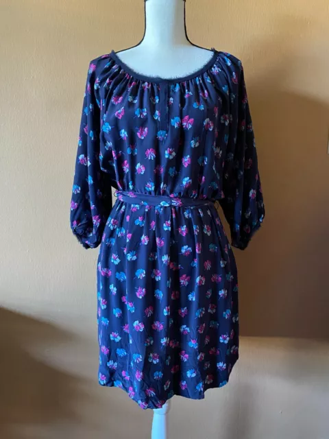 REBECCA TAYLOR Blue Floral Print 100% Silk Belted Dress Size 6