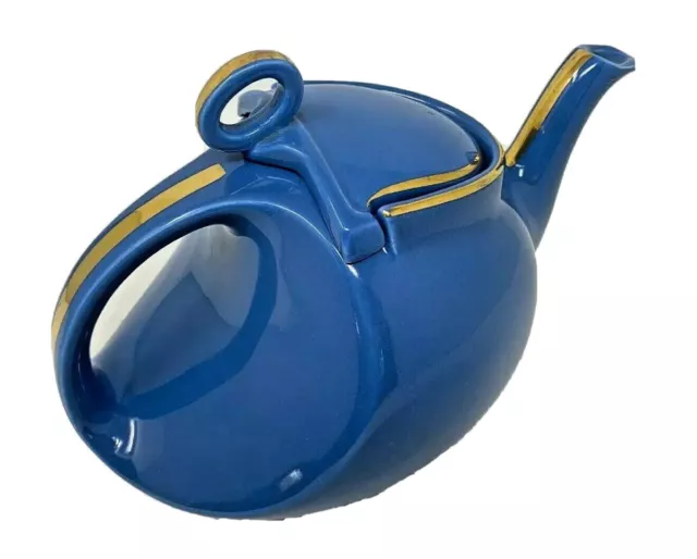 Hall Streamline 6 Cup Teapot Cornflower Blue W/ Gold Accents Art Deco USA 0326