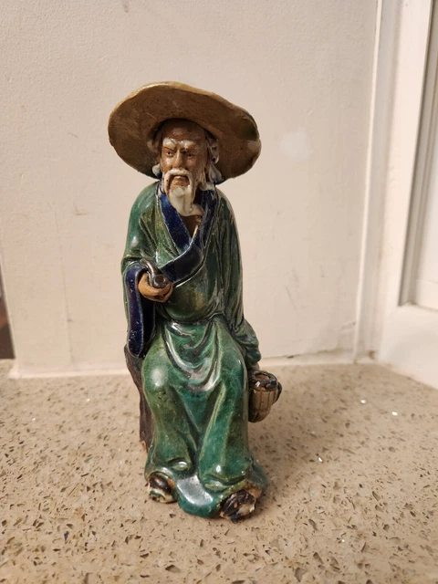 VINTAGE CHINESE FIGURINE MUD MAN Sitting fisherman