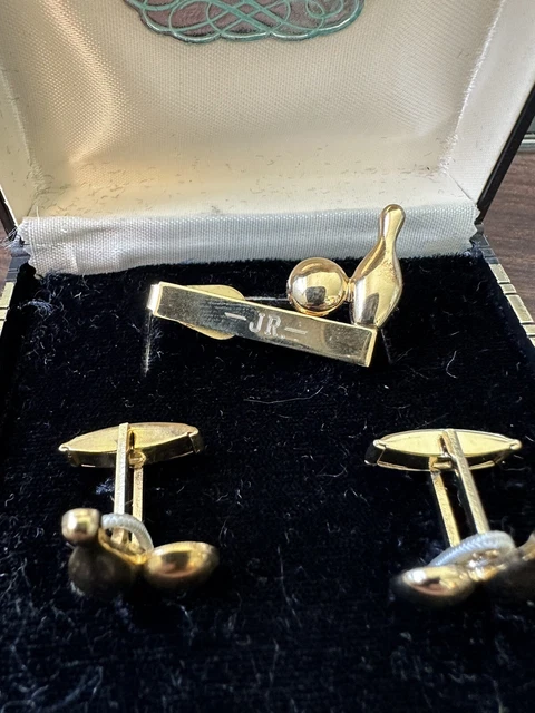 Tara Fifth Avenue Cuff Link and Tie Clip Set Vintage Gold Tone Bowling Ball/Pin