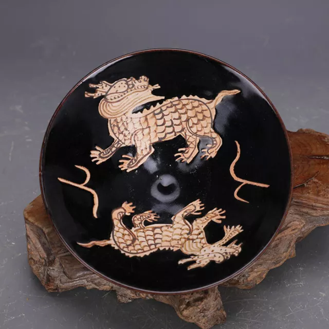 Chinese Song Jizhou Kiln Porcelain Black Glaze Kylin Design Bowl 6.1 inch