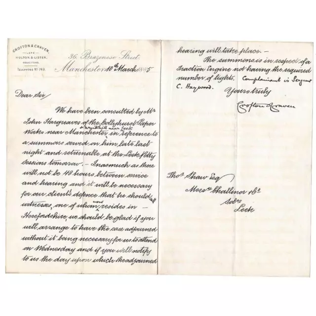MANCHESTER Letter sent in 1885 by Crofton & Craven Solicitors