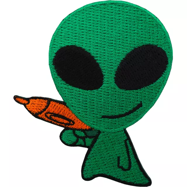 Alien Patch Sew / Iron On Embroidered T Shirt Badge UFO Space Gun Martian NASA