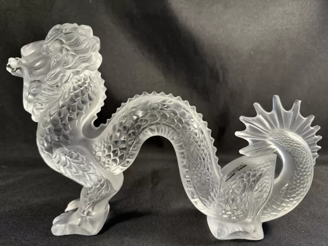 Large 12" Long Lalique Crystal Clear Frosted Dragon Figurine Sculpture France