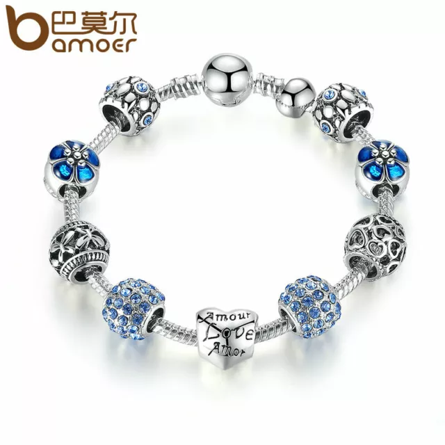 CHRISTMAS European Silver Plated Charm Bracelet With Blue CZ Beads Women Jewelry