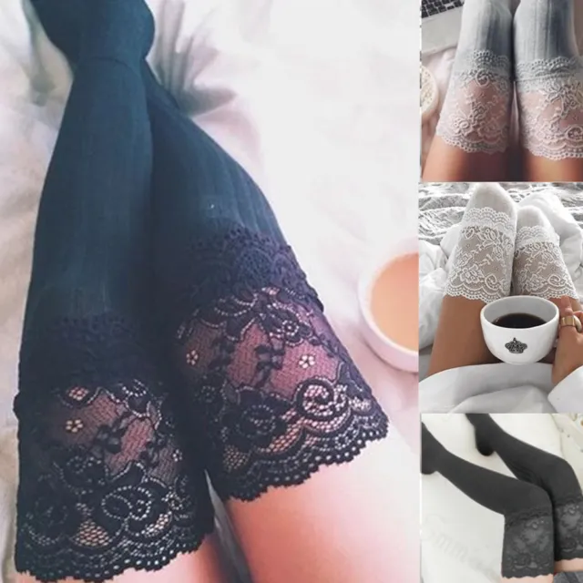 Women Sexy Lace Trim Thigh High OVER the KNEE Socks Long Cotton Warm Stocking 2