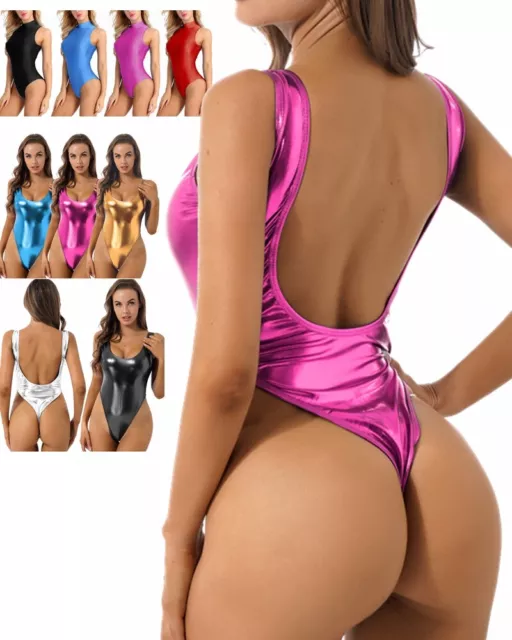 Women's Shiny Metallic Bodysuit Swimsuit High Cut Thong Leotard Patent Leather