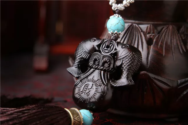 Precious 3D Ebony Wood Carved Chinese Geomancy Double Carp Money Bag Car Pendant