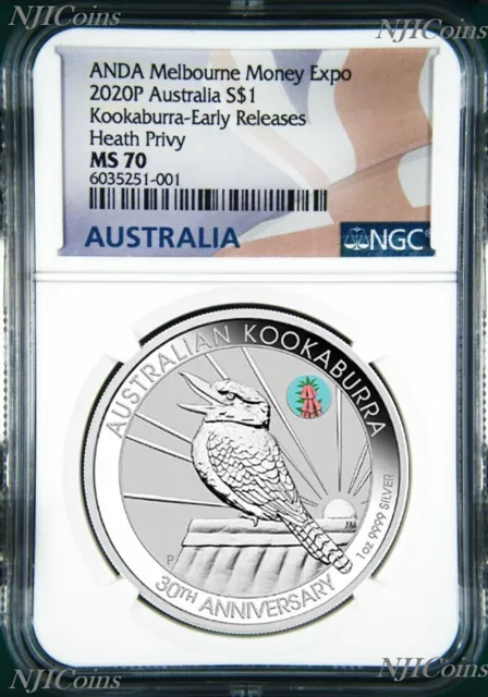 2020 30th Ann. Kookaburra 1oz Silver Coin Pink Common Heath Privy NGC MS70 ANDA