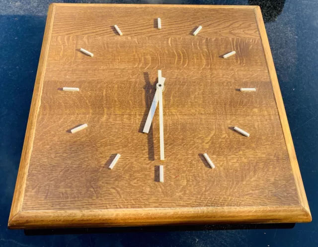 Mid Century 1960s Vintage Oak Industrial Clock Square Minimalist Face WORKING