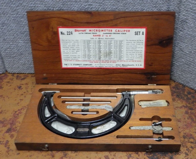 VINTAGE STARRETT MICROMETER Caliper No. 224 Set A Original Fitted Wood