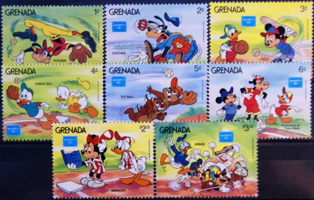 GRANADA 1986 1471-78 Disney Cartoni animati AMERIPEX 86 Chicago Baseball Sport nuovi di zecca