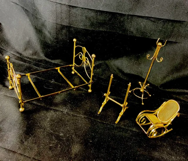 Vtg Miniature Dollhouse Furniture Brass Bed Rocking Chair mirror Base Coat Rack