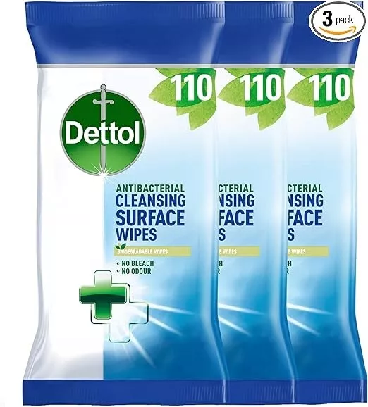 Dettol Antibacterial Biodegradable Surface Cleaning Disinfectant Wipes, 110 x 3