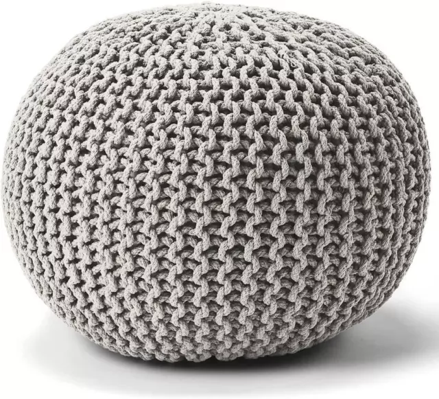 Knitted Moroccan Large Round Handmade Chunky Pouffe 50Cm Foot Stool Silver