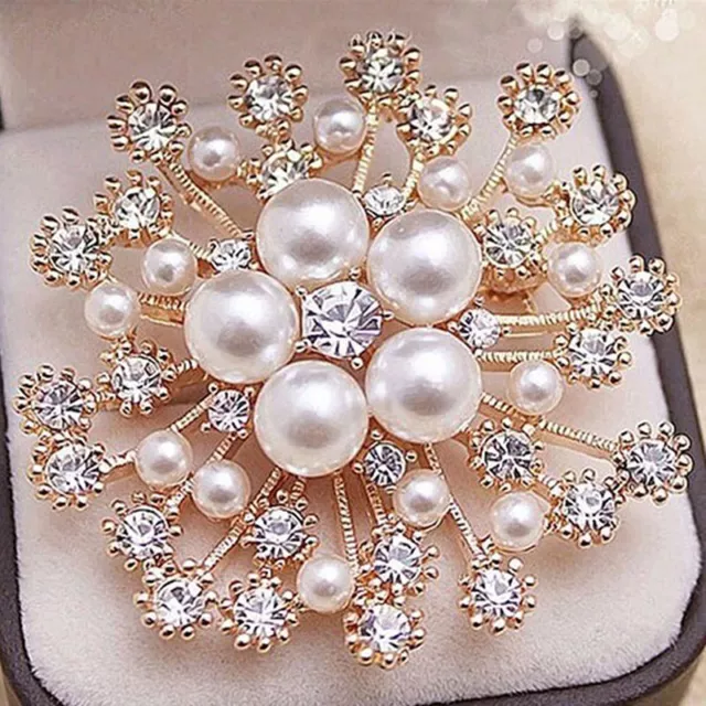 Luxury Women Simulate Pearl Crystal Rhinestone Big Snowflake Brooch Pin TO