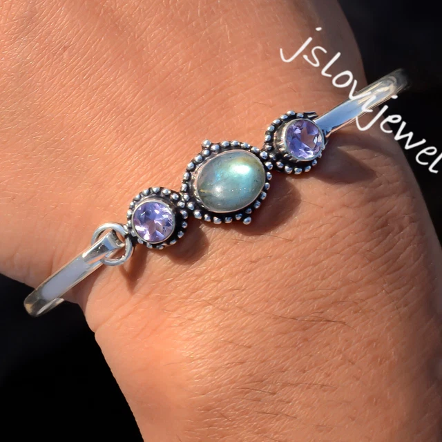 Bracelet Manchette Argent 925 Avec Labradorite Bleu Feu - Fait Main En Inde - Neuf