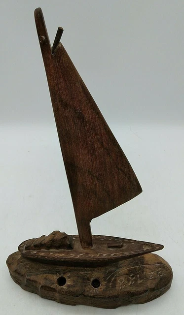 Vtg Wooden SAILBOAT w/OCEAN WAVES Hand Carved Ziricote Nautical Sculpture BELIZE