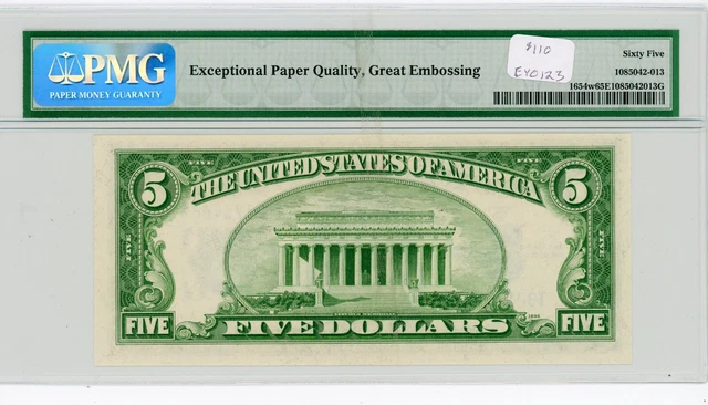 $5 1934D Silver Certificate  Fr#1654w (TA Block)  T32125468A  PMG 65 EPQ  WIDE I 2