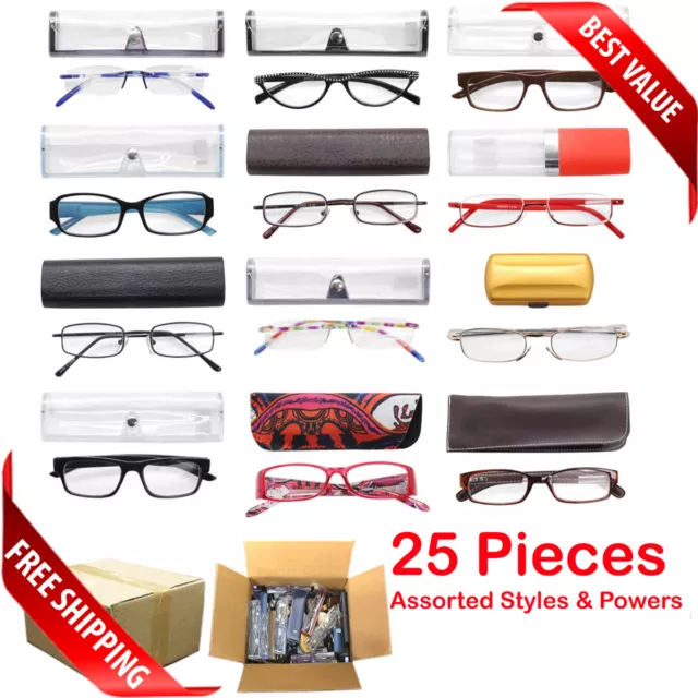 Reading Glasses With Case Bulk Lot 25, 36, 50 Pcs Per Box Assorted Styles Powers