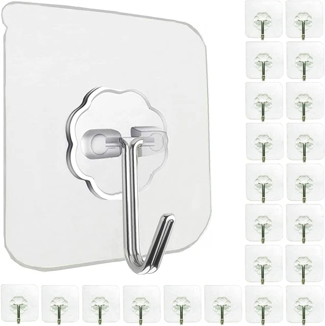 Wall Hooks for Hanging 33Lb(Max) Heavy Duty Self Adhesive Hooks 24 Pack Transpar