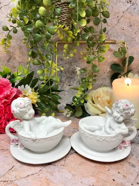 Pair of Guardian Angel Figurine Cherubs in Tea Cups Statue Ornament Sculpture