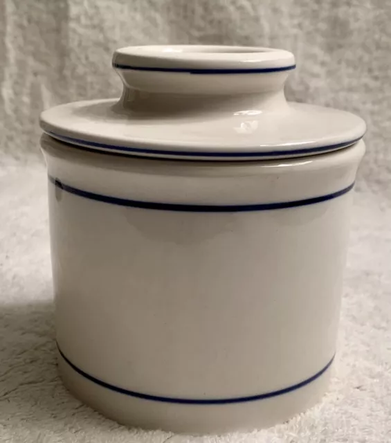 French Butter Storage Bell Crock Keeper White and Blue Striped Farmhouse