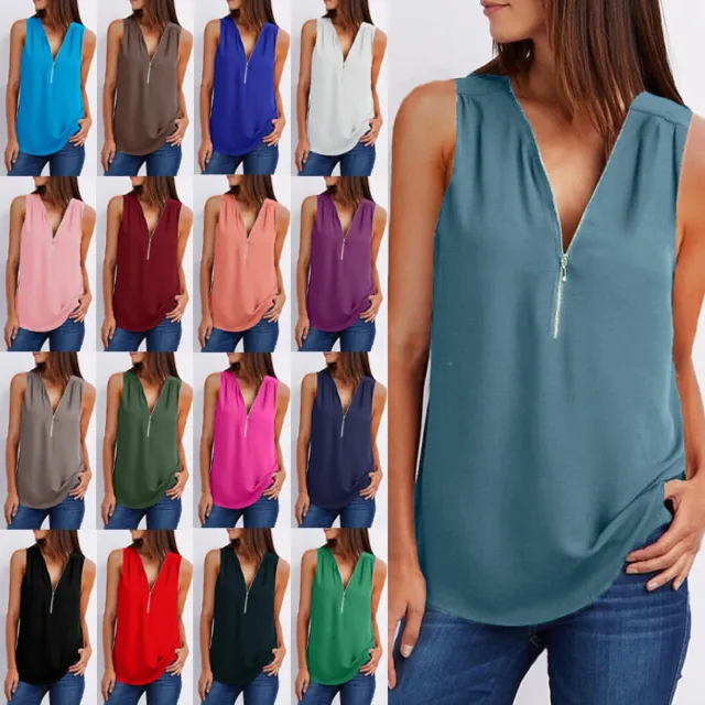 Womens V Neck Chiffon Vest Tops Ladies Casual Loose Zip Up Tank Blouse T Shirt