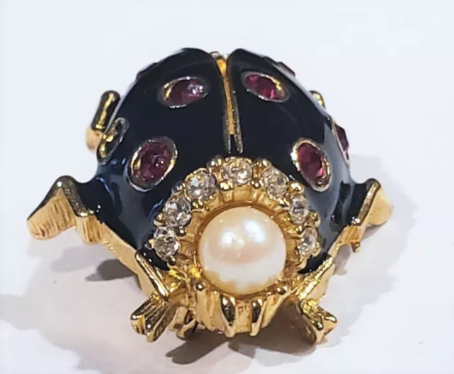 Vintage Ladybug Brooch Signed Ciner Swarovski Crystal Enamel Faux Pearl Pin