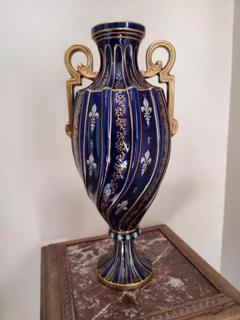 Superbe vase balustre à deux anses en faience fin 19eme Gustave Asch