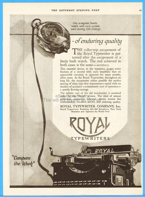 1920 Royal Typewriter Co New York City Octagonal Dutch Watch Enduring Quality Ad