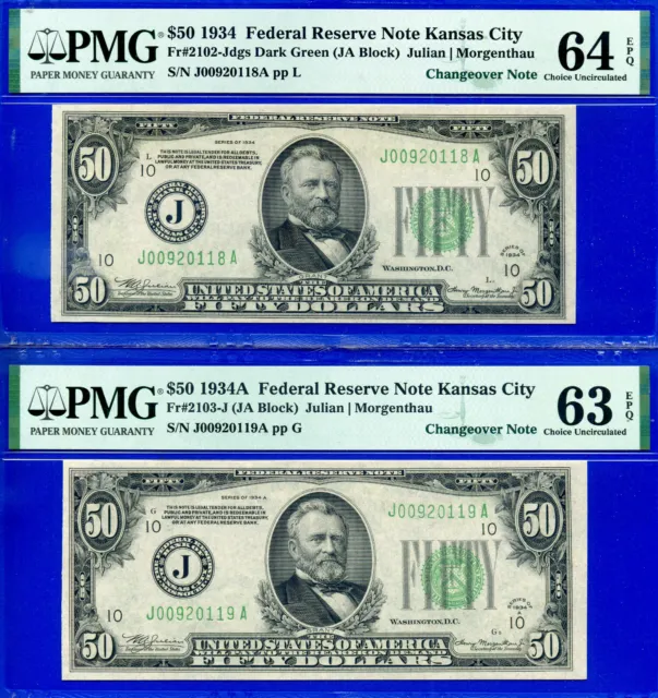 1934 1934A $50 Federal Reserve Note PMG 64 EPQ rare Kansas City Changeover Notes