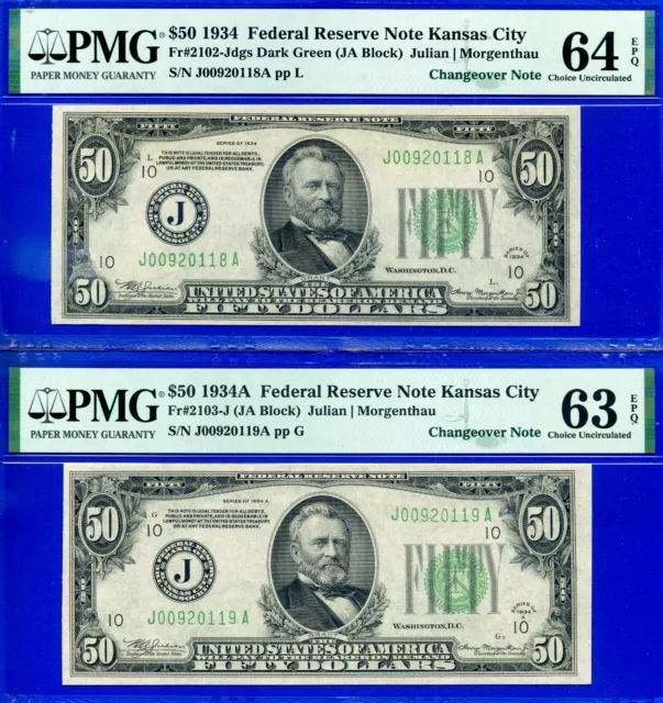 1934 1934A $50 Federal Reserve Note PMG 64 EPQ rare Kansas City Changeover Notes