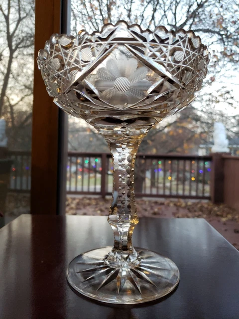 8" COMPOTE American brilliant Period Cut glass Crystal Daisy Harvard fancy stem
