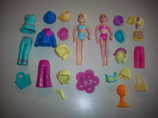 Polly Pocket Lot with 2 Dolls With Wigs / Hair & Clothing Items