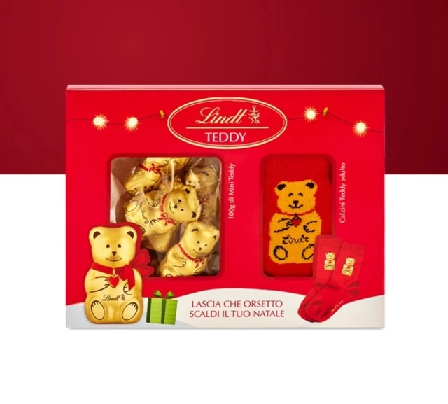 SCATOLA REGALO BAMBINI NATALE ORSETTO CIOCCOLATO LINDT E CALZINI 100gr