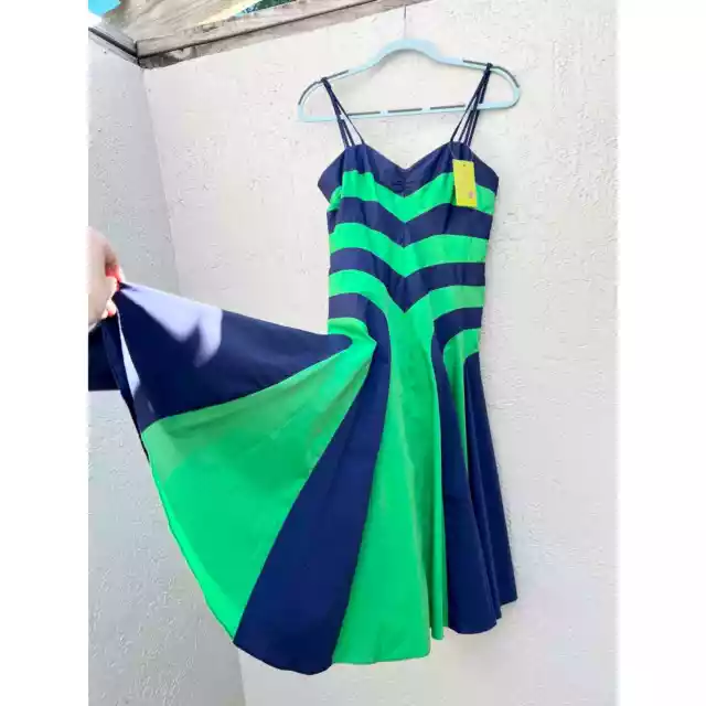 Milly Sweetheart Striped Colorblock Fit & Flare Midi Dress Blue Green Women's 4 2