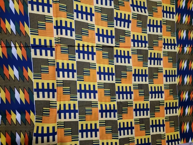 Tissu Wax Africain Motif Bleu Jaune Orange - Pagne Imprimé Polycoton - Vendu Au Mètre - Neuf