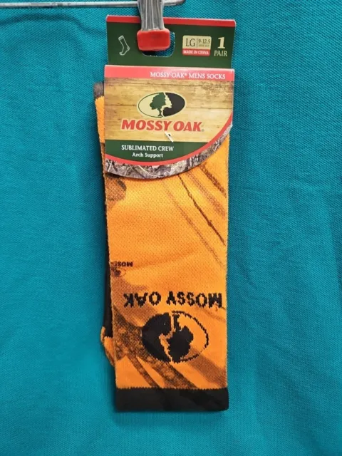 Mossy Oak Mens Socks 1 Pair Orange Sublimated Crew Arch Support Sz L 9-12.5 New