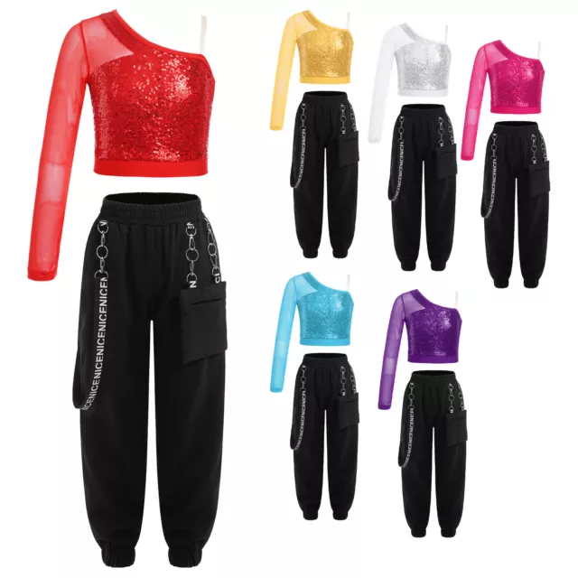 Kids Girls Crop Top Sparkly Outfits Sports Dance With Pants 2 Pieces Set Sheer