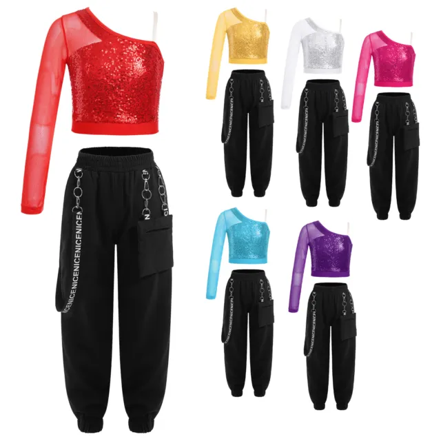 Kids Girls Dance Performance Crop Top Mesh Outfits Gymnastic Tracksuit Fitness