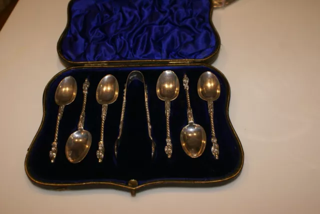 Antique Apostle Silver  Plated TEA Spoons(6) Sugar  TONGS IN CASE