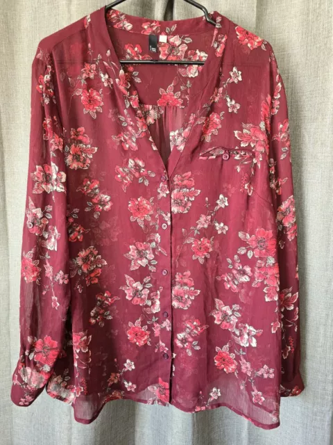 Kut From The Kloth Jasmine Chiffon Blouse Red Floral 1X Roll Tab Button Down