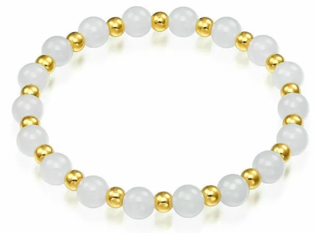 6MM Natural Hetian White Jade Pure Gold14k Beads 7.5 Inch Bracelet