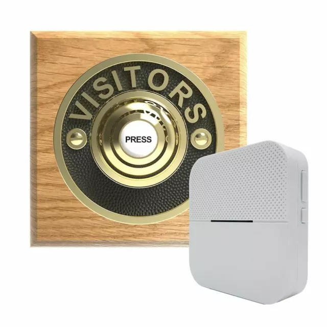 Traditional Square Wireless Doorbell VISITORS in Honey Oak and Brass